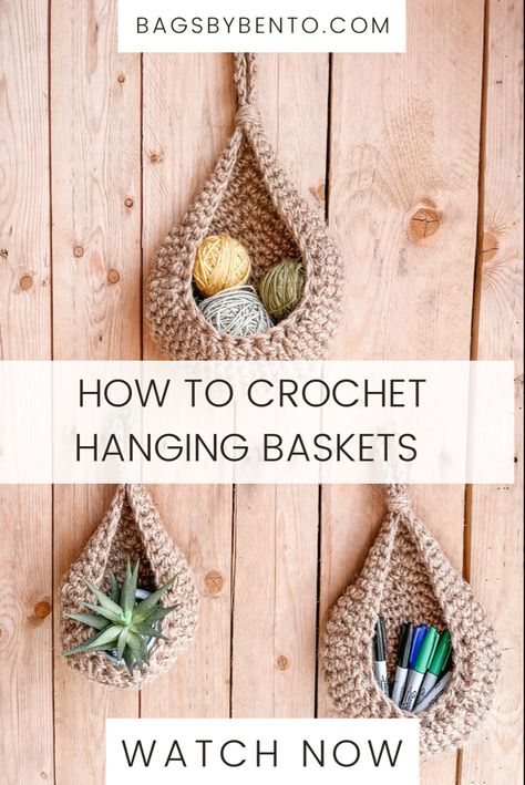 Three jute hanging baskets with text overlay “how to crochet hanging baskets” Crochet Hanging Baskets, Jute Baskets, Crochet Plant Hanger, Crochet Hanging, Crochet Basket Pattern Free, Confection Au Crochet, Easy Crochet Projects, Crochet Bolero, Crochet Plant