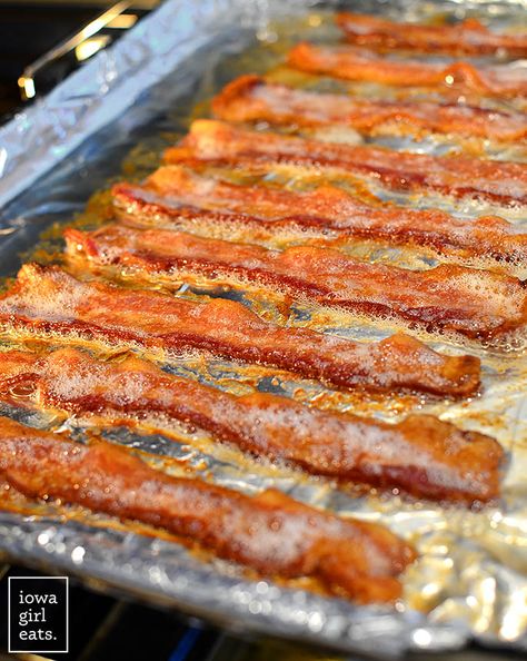 Want to know how to cook crispy bacon without all the muss and fuss? BAKE IT! You don't even need to preheat your oven! iowagirleats.com bacon in oven, bacon in the oven, baked bacon, baked bacon in the oven Cook Bacon In Oven, Bacon In Oven, Maple Bacon Recipes, Thick Bacon, Oven Cooked Bacon, Oven Baked Bacon, Bacon In The Oven, Bacon Recipe, Cooking Bacon