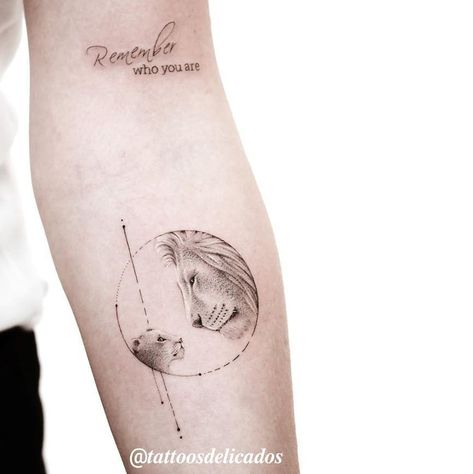 Lion Daughter Tattoo, Line Lion Tattoo Design, Single Needle Lion Tattoo, Best Leo Tattoo Designs, Women’s Lion Tattoo, Lion Name Tattoo, Creative Minimalist Tattoo, Mother Son Lion Tattoo, Lion And Lion Cub Tattoo