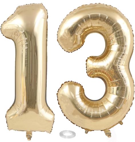 PRICES MAY VARY. Package Included: 40 inch light gold numbers 1 and 3,1 roll of balloon string, 1 Straw, light gold 13 number foil digital balloons for 13th birthday party, 13th anniversary party decorations. Number Balloons Material: Light gold digital balloon made of high quality polyester film aluminum foil,not easy to explode and leak, bright beautiful color and suitable for parties. Number 13 Balloon: This 40 inch Light Gold 13 Number Balloons is a great choice for boy's or girl's 13th birt Gold 13 Balloons, 13 Birthday Balloons, 31st Birthday Party, 13 Balloons, 13 Number, Balloon Numbers, 13 Birthday, Picnic Birthday Party, 13th Anniversary