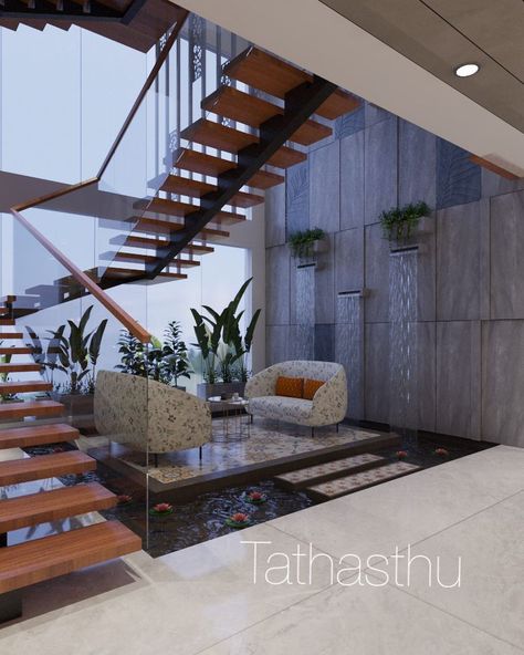 Staircase Landscape Design, Living Room Staircase Design, Stair Well Design, Courtyard With Staircase, Staircase Down Area Design, Courtyard Staircase, Industrial Staircase Design, Luxurious Bungalow, Internal Staircase