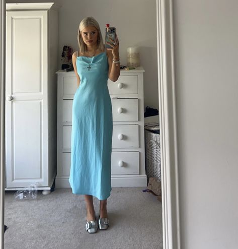 baby blue dress, silver kitten heels, vintage, blond hair, summer outfit, nice dinner outfit Fitted Blue Backless Midi Dress, Blue Satin Backless Midi Dress, Baby Blue Coquette Dress, Light Blue Kitten Heels, Kitten Heels Vintage, Matilda Djerf Blue Dress, Silver Kitten Heels, Baby Blue Dress, Heels Vintage