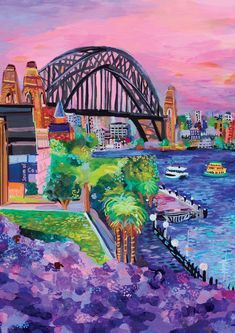 Jacaranda Trees, Bridge Drawing, Beach Wall Collage, Jacaranda Tree, Coastal Wallpaper, Bridge Painting, Harbour Bridge, Sydney Harbour, Collage Background