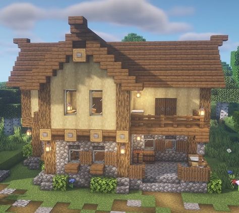 Gorillo on Instagram: “I’ve just made a tutorial for this medieval house in Minecraft. You can check it out on my YouTube, link in bio! Resource pack: Default…” Stripped Birch House Minecraft, Minecraft Houses Oak And Birch, Minecraft Oak Wood House, Spruce Wood House Minecraft, Minecraft Old Houses, Minecraft Houses Spruce, Minecraft Rustic, Casas Mine, Minecraft Wooden House