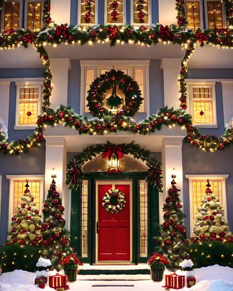 ✨ 🎀 CHRISTMAS ATMOSPHERE in October 🎀✨ 🎄🎅🏻❄️ 🦌 🦌 🦌 🦌 📸: Hello, I create these pictures with the AI. AI-generated photos are not real but… | Instagram Christmas Facade Decoration, Christmas Exterior, Christmas House Lights, Winter Schnee, Modern Christmas Decor, Castle Garden, Christmas Room Decor, Christmas Room, Whimsical Christmas