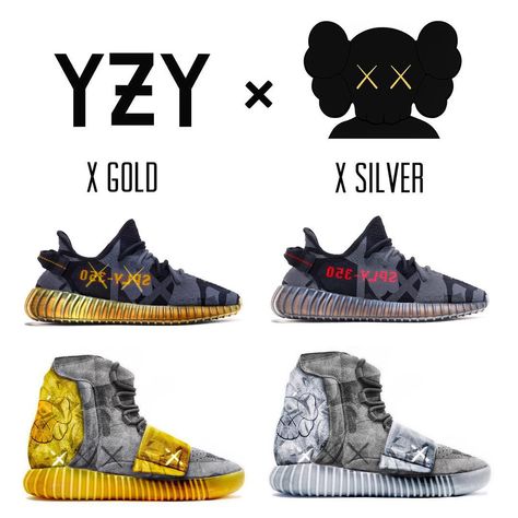 Silver and gold versions of my “Yeezy X KAWS” collection. Which side would you cop? Comment below and follow @obsession.24k for more. • • •… Kaws Collection, Custom Sneakers, Custom Sneakers Nike, Creative Community, Fashion Promotion, Custom Kicks, Fresh Sneakers, Custom Ideas, Bag Boys