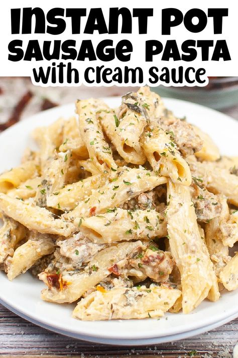 Instant Pot Sausage Pasta with Cream Sauce Pin. Pork Sausage Recipes Dinner, Pasta With Cream Sauce, Chicken Sausage Recipes Pasta, Sausage Alfredo Pasta, Chicken Sausage Pasta, Sausage Rigatoni, Pork Sausage Recipes, Cream Sauce Pasta, Sausage Pasta Recipes