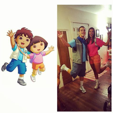 Dora and Diego: A super fun and easy DIY Halloween costume for couples. Diego Costume, Diy Halloween Costumes For Couples, Simple Costume Ideas, Dora The Explorer Costume, Dora And Diego, Easy Couples Costumes, Halloween Costumes Diy Couples, Costumes For Couples, Halloween Social