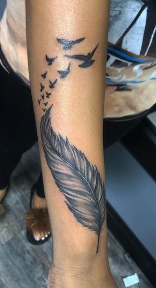 Feather Tattoos On Back, Feather Tattoo Upper Arm, Feather Tattoos Hand, Feather Half Sleeve Tattoo For Women, Detailed Feather Tattoo, Cute Feather Tattoos For Women, Feather Tattoo With Butterflies, Feather Tattoo Arm Women, Hand Feather Tattoo