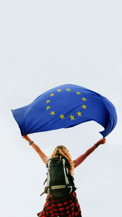 Woman holding the European flag | premium image by rawpixel.com / HwangMangjoo European Union Aesthetic, Pride Iphone Wallpaper, Europe Flag, European Flags, Flag Pride, Image Ideas, Follow Button, Aesthetic Things, Image Fun