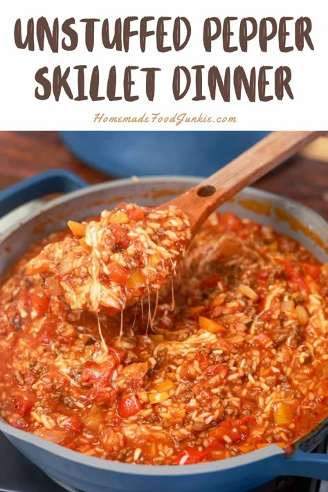 Unstuffed Pepper Skillet Dinner Unstuffed Pepper Skillet, Low Carb Hamburger Recipes, Unstuffed Pepper Casserole, Stuffed Bell Peppers Ground Beef, Creamy Chicken Dinner, Easy Chili Recipe Crockpot, Quick Ground Beef Recipes, Pepper Skillet, Green Pepper Recipes