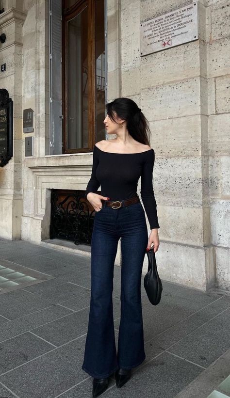 Black Bootcut Jeans Off The Shoulder Too, Modern High Waist Black Flare Jeans, Elegant Black Fitted Flare Jeans, Edgy Black Stretch Flare Jeans, Chic Dark Wash Button Closure Flare Jeans, Womens Flare Jeans, Fashion People, College Fashion, London Fashion