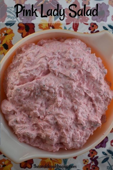 Pink Lady Salad is 5 ingredient vintage Jello salad that include cottage cheese, canned pineapple and Cool Whip. Also known as Pink Stuff, this recipe creates one of those classic dishes that graced holiday dinner tables across the Midwest. Pink Salad Recipe, Jello Cottage Cheese Salad, Gelatin Salads, Fluff Recipes, Jello Fruit Salads, Recipe With Pineapple, Mold Recipes, Congealed Salad, Jello Mold Recipes