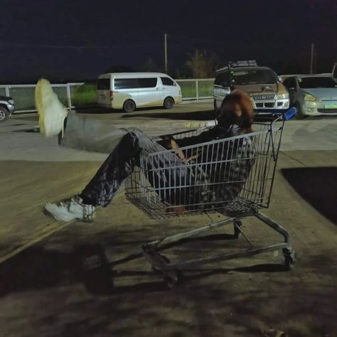 Person Sitting In Shopping Cart, People In Shopping Carts, Person In Shopping Cart, Grocery Cart Photoshoot, Shopping Trolley Aesthetic, Shoplifting Aesthetic, Bob Sheldon, Cursed Art, Grocery Trolley