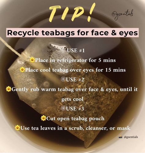 Chamomile Tea Bag Uses, Chamomile Tea Bags For Eyes, How To Smell Like Chamomile, Tea Bag Skin Care, Tea For Skincare, Tea Bags For Eyes, Teabags For Eyes, Tea Skincare, Beauty Hacks Dark Circles