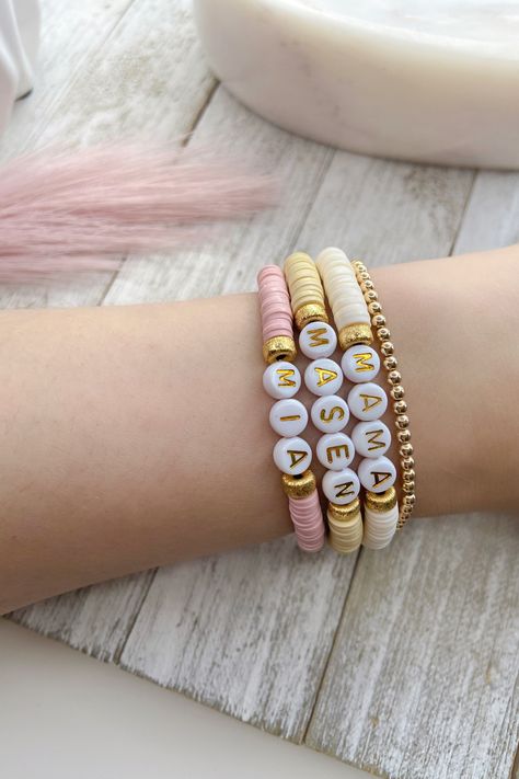 Mama Personalized Heishi Beaded Bracelet | Custom Name | Women's Neutral Stacking Bracelets | Mother's Day Gift for Her Stacking Bracelets, Alphabet Beads, Heishi Beads, Custom Bracelets, Philadelphia Pa, Bracelet Stack, Gold Beads, Mother's Day Gift, Beautiful Bracelet