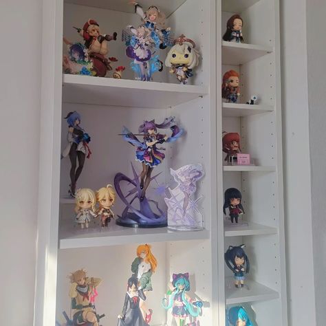 i got some new shelves last week but there still isn't enough room for all my figures... Figurine Shelf Display, Figure Shelf, Figurine Shelf, Figurine Display, Figure Display, Cube Shelves, White Shelves, Bedroom Idea, Bedroom Inspo