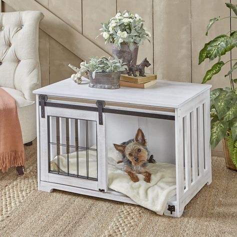 Barn Door Pet Crate - End Table with Sliding Door for Dogs, Cats (White) - Walmart.com - Walmart.com Portable Dog Kennels, Rustic Accent Table, Pet Crates, Crate End Tables, Diy Dog Crate, Dog Kennel Furniture, Dog Crate Furniture, Dog Playpen, Dog Rooms