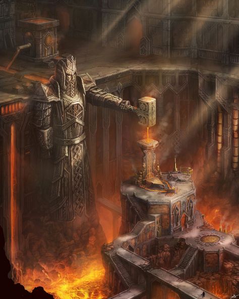 D&d City Art, Building Fantasy Art, Dungeon Fantasy Art, Fantasy Cities Art, Dnd Art Landscape, Abandoned Underground City Fantasy Art, Fantasy Forge Art, Forge Aesthetic, Fantasy Mine