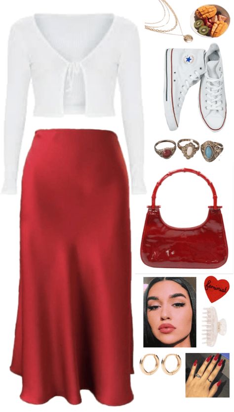 White And Red Christmas Outfit, White Red Outfit Aesthetic, Satin Red Skirt, Simple Red Outfits, Red Skirt White Top Outfit, Red Christmas Outfit Aesthetic, Red Ootd Aesthetic, Red And White Outfit Classy, Red Skirt Aesthetic