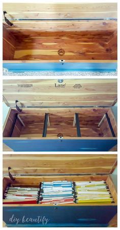 Wow, turn that old blanket chest or trunk into a filing cabinet and organize your home files by color for easy retrieval! Home Filing System, Home Office Man, Desk Organization Diy, Filing Cabinets, Organize Your Home, Blanket Chest, Filing System, Home Office Organization, Cabinets Organization