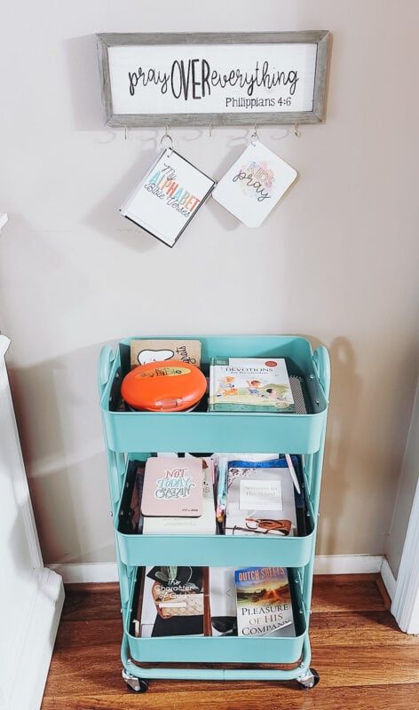 Bible Study Storage Ideas, Bible Study Station, Bible Study Desk Ideas, Bible Study Nook, Bible Study Corner In Room, Bible Study Space Ideas, Bible Cart, Bible Reading Corner, Bible Study Corner In Room Ideas