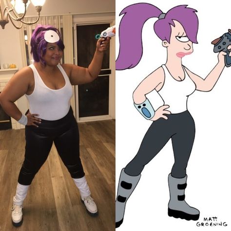 Leela from Futurama: Leela Halloween Costume, Leila Costume Futurama, Leela Futurama Costume Diy, Leela Costume, Futurama Costume, Futurama Cosplay, Chucky And His Bride, Leela Futurama, Office Halloween Costumes