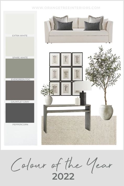 Colour of the Year 2022 & How to Use it in Your Home [Sherwin-Williams – Orangetree Interiors Evergreen Fog Decor, Colour Palette For Home Decor, Living Room Evergreen Fog, Sherwin Williams Evergreen Fog Palette, Evergreen Fog Color Scheme, Modern Living Room Paint Colors, Living Room Color Scheme Ideas Neutral, Evergreen Fog Living Room, Interior Home Color Schemes