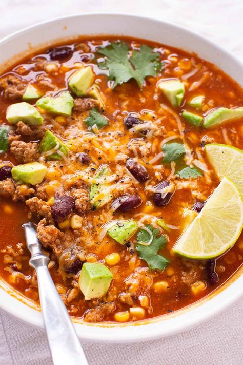 Southwest Soup Recipe, Ground Turkey Taco Soup, Taco Chili Soup, Turkey Taco Soup Recipe, Crockpot Ground Turkey, Turkey Tortilla Soup, Turkey Taco Soup, Mediterranean Soup, Ground Turkey Recipes Easy