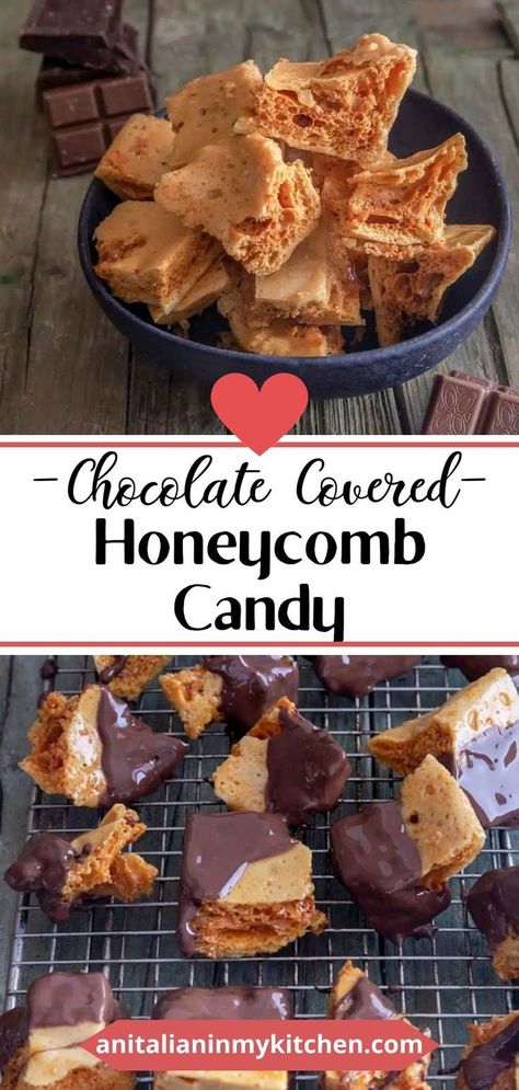 This chocolate covered honeycomb candy is a fun and festive candy made with a mixture of sugar, corn syrup and baking soda which creates a light and airy honeycomb with a crispy bite. Dip it in chocolate for the best blend of flavor and textures! This is an easy Christmas Candy recipe all will love. Sponge Toffee, Easy Christmas Candy, Honeycomb Recipe, Honeycomb Chocolate, Chocolate Honeycomb, Honeycomb Candy, Holiday Treats Recipes, Easy Homemade Cookies, Candy Bar Cookies