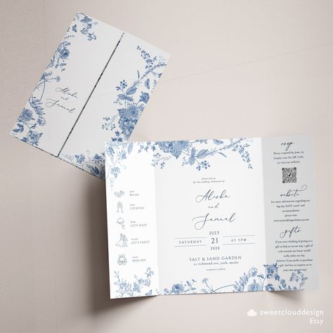 This Dusty Blue Gate fold INVITATION is an INSTANT DOWNLOADABLE TEMPLATE. It is FULLY EDITABLE TEMPLATE and will be Perfect for your Special Day! INSTANTLY EDIT WITH JET TEMPLATE You will receive a link to your TEMPLATE within minutes of ordering by EMAIL. You can edit your TEMPLATES immediately right here in your browser using JET web application. Edit this template with your MOBILE, IPAD, TABLETS or COMPUTER BROWSER! 💕MATCHING ITEMS https://etsy.me/3MdUtT6 💕TRY OUR DEMO ↓ Copy and paste this Wedding Invites Formal, White And Blue Wedding Invitations, Gate Fold Wedding Invitations, Light Blue Invitations, Wedding Invite Wording, French Wedding Invitations, Blue And White Wedding Invitations, Unique Wedding Invitation Cards, Trifold Wedding Invitations