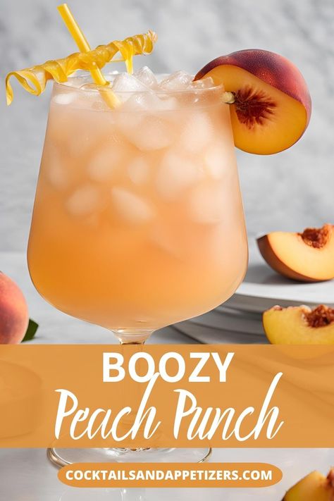 This boozy Peach Punch is made with peach whiskey, champagne, peach juice and Sprite. Perfect large batch cocktail for a crowd. Serve in a punch bowl or in cocktail glasses. Great alcoholic punch recipe for Christmas parties and winter holiday parties or as a summer party punch recipe. Large Batch Alcoholic Drinks, Peach Punch Alcoholic, Big Batch Summer Cocktails, Peach Juice Cocktail, Party Punch Recipes Alcoholic, Peach Whiskey Cocktails, Large Batch Party Cocktails, Non Alcoholic Punch Recipes For A Crowd, Alcohol Punch Recipes