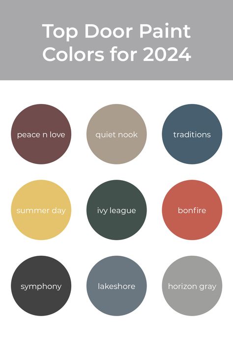 Planning a new front door for 2024? These trending paint colors for 2024 are great options to bring color and style to your front door in the new year. Whether you choose a bright and bold paint color like Bonfire or a simple and classic paint color like Quiet Nook, you'll stay on trend while creating a timeless front door. Bold Door Colors, Taupe Door Exterior, Blue House Front Door Color Ideas, Colored Front Door Grey House, House With Colored Front Door, Two Tone Front Door, Front Door Pop Of Color, Cool Front Door Colors, Sherwin Williams Exterior Door Colors