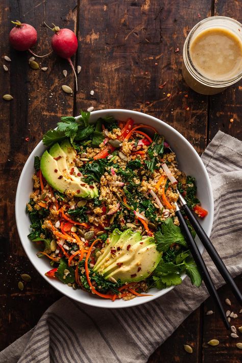 Kale And Quinoa Salad, Vegan Quinoa Recipes, Kale And Quinoa, Winter Salads, Vegan Quinoa Salad, Kale Quinoa, Kale Quinoa Salad, Lemon Tahini Dressing, Vegan Quinoa