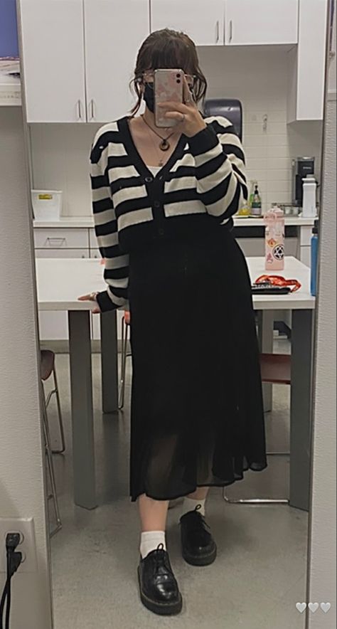 Long Black Sheer Skirt Outfit, Black Sheer Skirt Outfit, Black And White Striped Cardigan Outfit, Fairycore Lookbook, Skirt And Docs, Cardigan Skirt Outfit, Sheer Skirt Outfit, Skirt And Cardigan Outfit, Stripe Cardigan Outfit