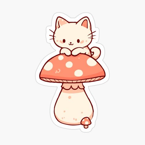 Get my art printed on awesome products. Support me at Redbubble #RBandME: https://www.redbubble.com/i/sticker/Cat-on-mushroom-cute-by-GlobalDesigns/153964774.EJUG5?asc=u #cat #cute #cottagecore #mushrooms #mushroom #cottagecore #cataesthetic #cottagecoreaesthetic #whiteaesthetic #cutemushroom Mushroom Cat Drawing, Cat On Mushroom, Mushroom Art Cute, Cartoon Mushrooms, Cottagecore Drawing, Cottagecore Stickers, Cottagecore Animals, Mushroom Cute, Mushroom Stickers