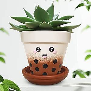 Boba Design Cute Planters - Small Plant Pot with Drainage & Saucer - Funny Plant Pots - 4 Inch Small Planter Flower Pot for Indoor, Outdoor, Office & House Plants - Brown Cute Plant Pots Boba Plant Pot, Funny Plant Pots, Boba Design, Cute Plant Pots, Cute Planters, Office House, Flower Pots Outdoor, Outdoor Office, Small Potted Plants