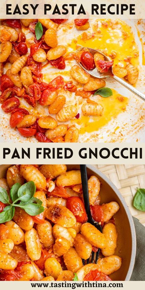 This simple and incredibly delicious Easy Pan Fried Gnocchi recipe combines pillowy soft gnocchi with sweet cherry tomatoes, savory garlic, salty parmesan cheese, and fresh basil. Savory Cherry Recipes, Fried Gnocchi, Pan Fried Gnocchi, Gnocchi Sauce, Gnocchi Recipes Easy, Gnocchi Dishes, Cheddar Cheese Recipes, Cherry Tomato Recipes, Gnocchi Recipe