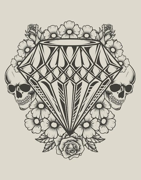 Illustration diamond skull rose monochro... | Premium Vector Diamond Crown Tattoo, Throat Tattoos, Diamond Illustration, Diamond Tattoo Designs, Diamond Graphic, Flash Designs, Dragon Tattoo Art, Apron Ideas, Throat Tattoo