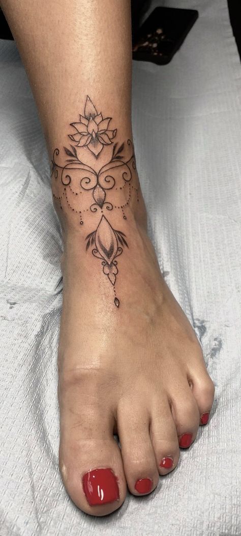 Ankle Tattoos For Women Unique, Calf Tattoos For Women Back Of, Fine Line Foot Tattoos For Women, Womens Foot Tattoos, Front Ankle Tattoos For Women, Foot And Ankle Tattoos For Women, Front Ankle Tattoo, Ankle Tattoo Mandala, Top Of Foot Tattoos For Women