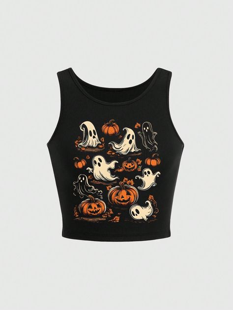 ROMWE Halloween Pumpkin & Ghost Print Tight Fit Tank TopI discovered amazing products on SHEIN.com, come check them out! Halloween Tops, Ghost Print, Halloween Top, Pumpkin Ghost, Women Tank Tops, Embroidered Shorts, Women Midi, Halloween Women, Workout Tank Tops