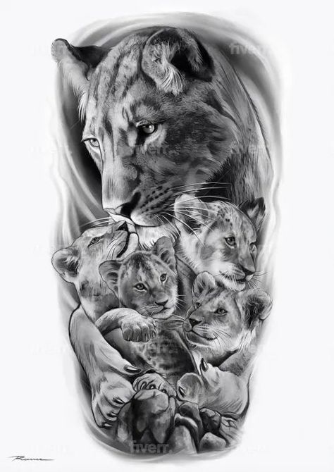 Lion With Cubs Tattoo Design, Lion With Cubs Tattoo Mothers, Lion Memorial Tattoo, Mother Lion Tattoo, Ten Tattoo, Lioness And Cub Tattoo, Lion Cub Tattoo, Unique Animal Tattoos, Lioness Tattoo Design