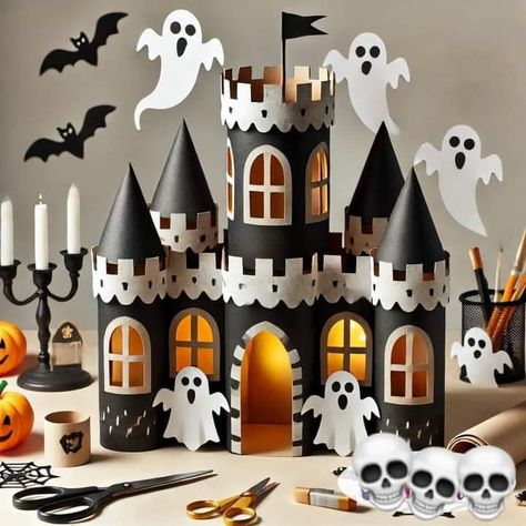 Box Haunted House Cardboard, Halloween Castle Diy, Halloween Castle Decorations, Paper Roll Crafts Halloween, Hallowen Decoraciones Diy, Haunted House Craft, Strašidelný Halloween, Bricolage Halloween, Deco Halloween