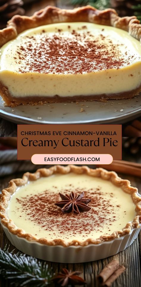 This Cinnamon-Vanilla Creamy Custard Pie is the perfect holiday dessert to impress your guests! With a rich and velvety custard filling infused with cinnamon and vanilla, nestled in a buttery, flaky crust, it’s a sweet and comforting treat for the holiday season. Topped with whipped cream and a light dusting of cinnamon, it’s sure to be a favorite at your Christmas Eve gathering. Vanilla Custard Pie Recipe, Creamy Custard Pie, Yummy Desserts To Make, Vanilla Custard Pie, Best Holiday Cookies, Magnolia Bakery, Custard Desserts, Pink Magnolia, Custard Recipes