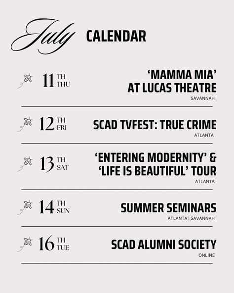 Swipe and save for upcoming @scaddotedu July events in Savannah and Atlanta! 🐝🗓️🐝 @scaddotedu #SCAD #SCADEvents #SavannahEvents #AtlantaEvents Scad Atlanta, July Events, July Calendar, Life Is Beautiful, Savannah, Savannah Chat, Atlanta, On Instagram, Quick Saves