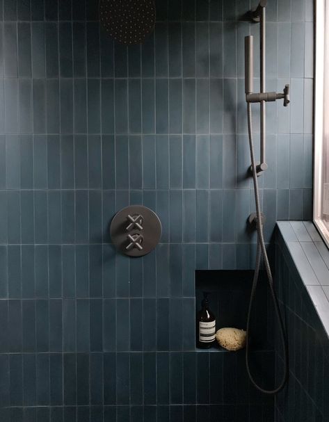 Home renovation with a bathroom addition showcasing Zia Tile's blue concrete tiles and gun metal plumbing fixtures.  Holman House - Portland Architect — WORKADAY DESIGN Blue Shower Tile, Cement Bathroom, Zia Tile, Shower Remodel Diy, Small Shower Remodel, Gorgeous Tile, Tile Trends, Bathroom Shower Tile, Shower Tile Designs