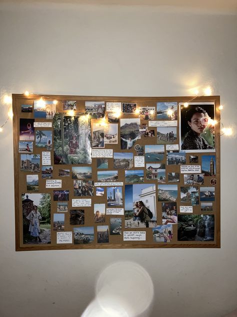 Travel Cork Board Ideas, Photo Collage Wall Cork Board, Corkboard Vision Board, Picture Pin Board, Bulletin Boards Bedroom, Life Vision Board Examples, Bulletin Board Photo Collage, Vision Board Cork Board, Picture Cork Board Ideas