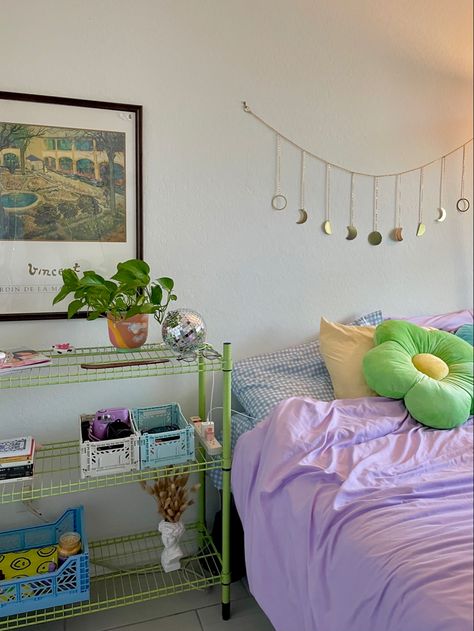 colorful room, pastel room, pastel danish, shelf, bedding Aesthetic Room Colorful, Colorful Room Ideas Aesthetic, Bedroom Aesthetic Colorful, Colorful Aesthetic Room, Colorful Bedding Ideas, Colorful Bedroom Aesthetic, Colorful Room Aesthetic, Danish Room, Danish Aesthetic