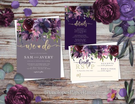 Dusty Purple,Floral,Summer Wedding Invitation,Summer Wedding Invite,Purple,Ivory,Gold Print,Shimmery,Personalize,Printed Invitation,Envelope Floral Summer Wedding, Magic Wedding, Middle Names, Summer Wedding Invitations, Paper Things, Invitation Envelope, Custom Matches, Purple Wedding Invitations, Nails Colors