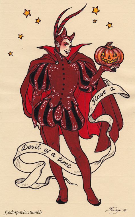 Halloween Demon Costume, Fyodor Pavlov, Costume Drawing, Demon Costume, Devil Art, Devil Costume, Vintage Halloween Costume, Red Devil, Pumpkin Picking